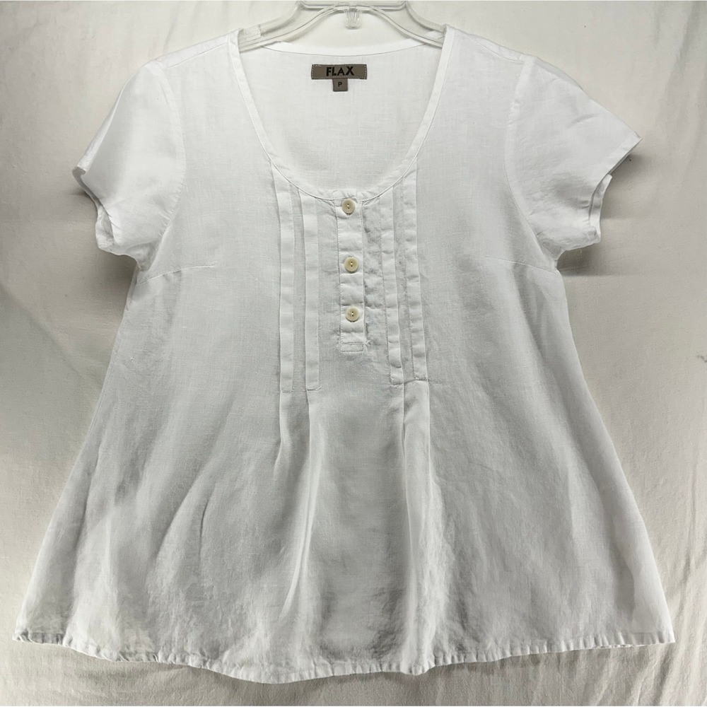 FLAX White 100% Linen Short Sleeve Pintuck Button Front Blouse Top 4-6 P